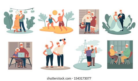 Elderly couple, senior characters, happy active retirement, isolated icons vector. Dancing and vacation on beach, shopping and wedding, modern technologies. Sports and traveling, tea drinking