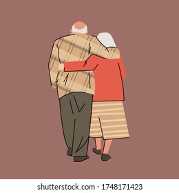 Elderly couple of seniors walks, hugging each other. Old woman and man together. Grandmother and grandfather. Gray-haired people, married a long time couple. Long life. Vector stock illustration.