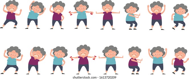 Elderly couple With a set of exercise postures Health care for the elderly
