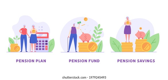Elderly couple set. Pensioners are standing next to a calculator, piggy bank and coins. Concept of pension savings, insurance pension, pension  fund, investments. Vector illustration in flat design
