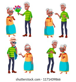 Elderly Couple Set Vector. Grandfather And Grandmother. Social Concept. Senior Couple. Black, Afro American. Situations. Old Senior People. Isolated Flat Cartoon Illustration
