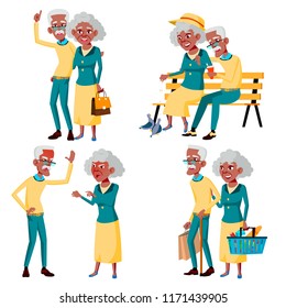 Elderly Couple Set Vector. Grandfather And Grandmother. Elderly Family. Grey-haired Characters. Black, Afro American. Face Emotions. Happy People Together. Isolated Flat Cartoon Illustration
