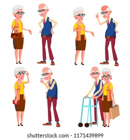 Elderly Couple Set Vector. Modern Grandparents. Old Age. With Glasses. Face Emotions. Happy People Together. European. Isolated Flat Cartoon Illustration
