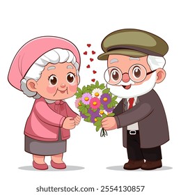 An elderly couple shares a heartwarming moment. The grandpa, wearing glasses and a cap, gifts a bouquet of colorful flowers to his smiling grandma in pink. Red hearts symbolize their enduring love.