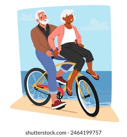 Elderly Couple Shares Laughter While Resting On A Bicycle At The Summer Beach. Old Male and Female Characters Showcasing Joy, Companionship, And Active Lifestyle. Cartoon People Vector Illustration