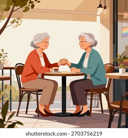 Casal idoso compartilhando café, estilo de vida sênior inclusivo quente, vetor