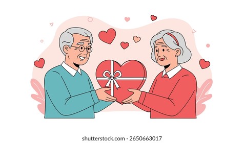 Casal idoso compartilhando uma caixa de presente em forma de coração em uma ocasião romântica celebrando amor e afeto juntos