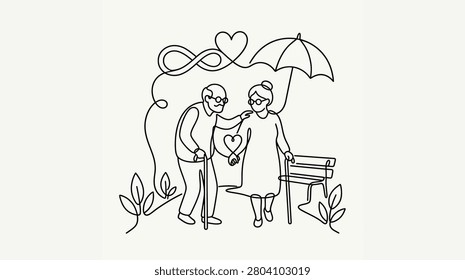 Elderly couple sharing love under an umbrella in nature