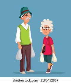 Elderly Couple with Shopping Bags Walking Together Vector Cartoon. Husband and wife in their senior years buying groceries 
