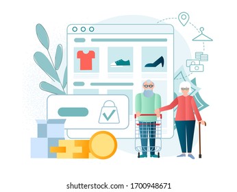 Elderly couple with a shopping basket, shopping trolley. Online shopping for older people Mobile application online clothing store, ordering, payment online and delivery