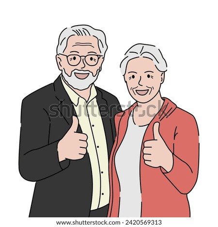 Elderly couple showing thumbs up, like, or good signs. Hand drawn vector illustration