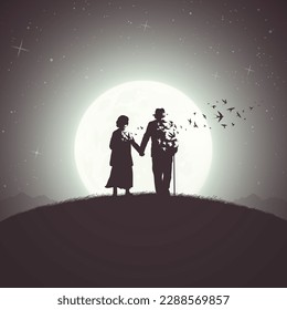 Elderly couple silhouette. Death, afterlife. Flying birds, full moon