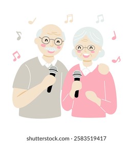 Elderly couple singing karaoke together with joyful expressions and musical notes in the background.