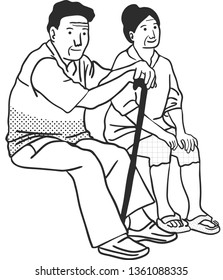 The elderly couple sit together and waiting while the old man hold a walking stick.