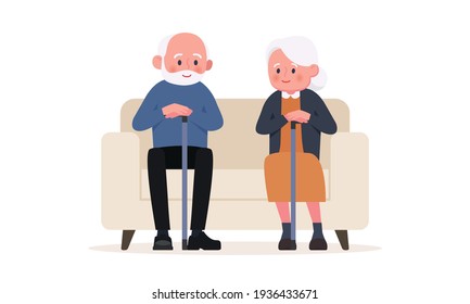 Elderly couple sits in a chair . Vector illustration in cartoon style