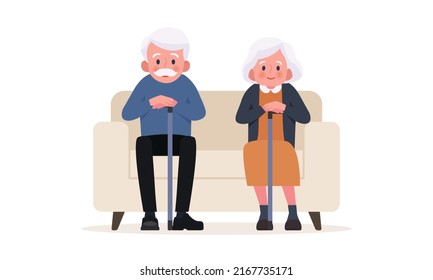 La pareja de ancianos se sienta en una silla. Ilustración vectorial en estilo de caricatura