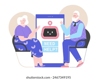 Una pareja de ancianos se sienta al lado de un teléfono inteligente. Asistente en línea robot en la pantalla del teléfono. Asistencia médica y ayuda en línea para pensionistas. Tecnologías modernas para la salud. Ilustración plana de Vector.