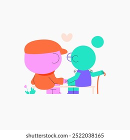 Elderly couple sits on a bench, holding hands, sharing moment of love and companionship. Symbolizes long lasting relationships. Flat vector illustration for family and senior life themes.