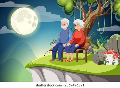 An elderly couple sits on a bench under moonlight