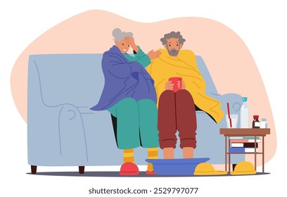 Elderly Couple Sits On A Couch, Feeling Unwell. Both Are Wrapped In Blankets. Woman Holds Her Head, While The Man Soaks His Feet In A Basin And Holds A Cup, Next To Them Medicines and Water Bottle