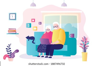 Elderly couple sits on sofa and using computer. Grandma and grandpa chat and shop over Internet. Grandparents sitting on couch and holding laptop. Living room interior design. Flat vector illustration