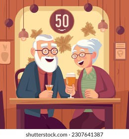 Una pareja de ancianos sentada en un café. Animados personajes de caricatura de la abuela y el abuelo. pareja de ancianos celebrando su aniversario de bodas. Ilustración vectorial plana.