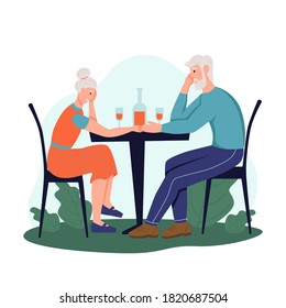 An elderly couple is sitting in a cafe on the street and drinking wine. The concept of active old age. Day of the elderly. Flat cartoon vector illustration.