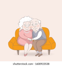 Elderly couple sitting in an embrace on the couch.Happy old man and old woman together.Vector illustration in a cartoon style.