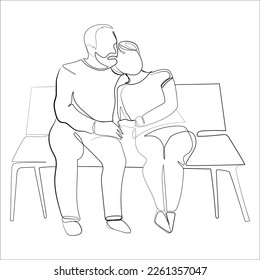 Elderly couple sitting embracing on bench, resting in city park Continuous line drawing.Old man and woman outdoors activity, retired family pastime.Vector line art grandma and grandpa illustration 