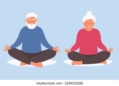 An elderly couple is sitting in the lotus position. Old people do yoga. Vector graphics.