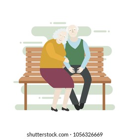 Elderly couple sitting n the bench - vector flat style illustration - happy married life concept.