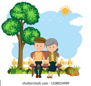 Elderly couple sitting on a bench illustration