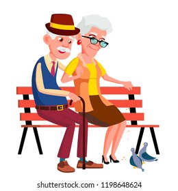 Elderly Couple Sitting On Bench In Summer, Autumn Park Vector. Isolated Illustration
