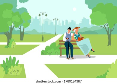 An elderly couple sitting on a bench in the park. Flat design. Summer vacation, active lifestyle. Vector illustration.