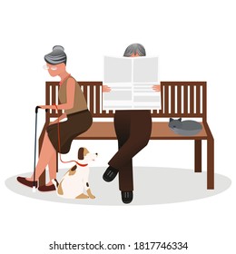 An elderly couple is sitting on a bench with pets. Leisure and lifestyle concept of the elderly. Read newspaper. Can be used for collages, web design, print on fabric, banner.