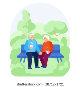 An elderly couple is sitting on a bench in the summer spring , drinking hot drinks. The concept of happy relationships in old age. Vector illustration in flat style.