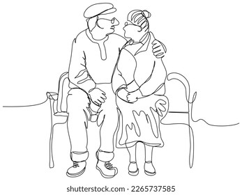 An elderly couple is sitting on a bench and hugging in one line on a white background. The concept of happy love through the years in a minimalist style. Stock vector illustration with editable stroke