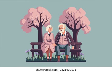 Elderly couple sitting on a bench in the park, vector art