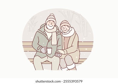 An elderly couple is sitting on a bench in winter, enjoying the snowy scenery. Hand drawn style vector design illustrations.