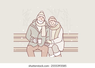 An elderly couple is sitting on a bench in winter, enjoying the snowy scenery. Hand drawn style vector design illustrations.