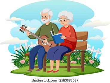 An elderly couple sitting on a bench outdoors