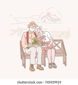 An elderly couple sitting on a bench in a rural village. hand drawn illustrations. vector doodle design 