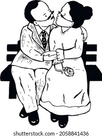 an elderly couple are sitting on benches and kissing. hand drawing. sketch. vector. eps