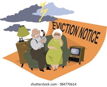 Elderly couple sitting on a couch, under a stormy skies, on the eviction notice, EPS 8 vector illustration