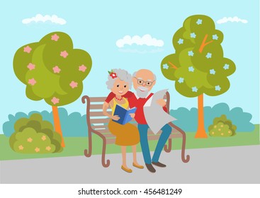 Elderly couple sitting on the park bench and read. Vector illustration in flat style.