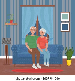 Elderly couple sitting on sofa at home. Cute vector illustration in flat style