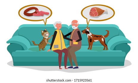 Elderly couple sitting on sofa. Dog and cat beg food and dreams about meat. Vector illustration