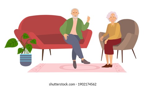 Elderly couple sitting on the sofa at home on white background. Retired elderly couple in love. Grandparents family, grandmother and grandfather happy friends sitting on the couch communicating