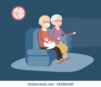 Elderly couple sitting on the sofa and watching TV. Old people lifestyle. Senior man and woman with a cat spend time together. Vector illustration flat design character.