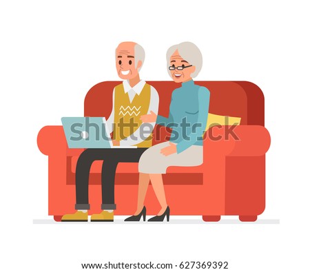 Elderly couple sitting on sofa and holding laptop. Flat style vector illustration isolated on white background.